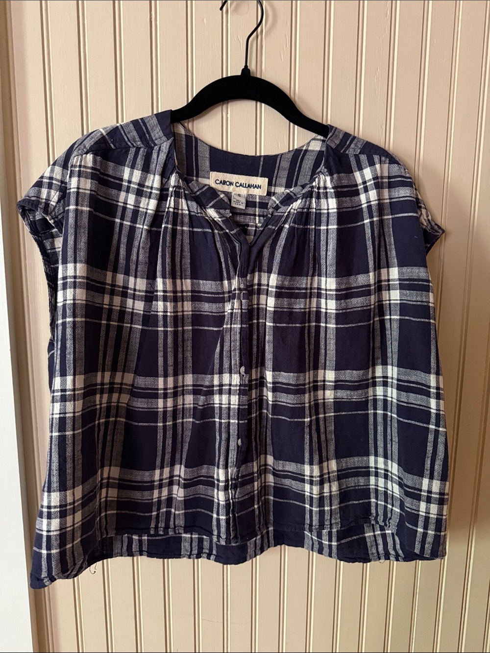 Navy and White Plaid Button-Front Short Sleeve Top